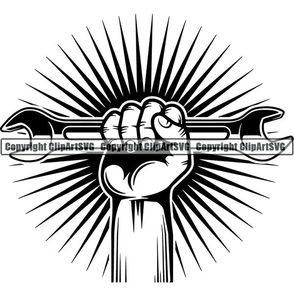 Mechanic Repair Shop Garage Wrench Hand Sunburst Ribbon  ClipArt SVG