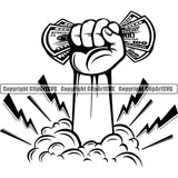 Hand Holding Money Lightning Bolts Cloud Smoke White Background Design Element Business Finance Cash Payment Currency Dollar Investment Banking Bank Wealth Stack Concept Rich Advertising Art Logo Clipart SVG