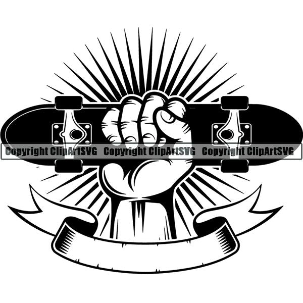 Sports Skateboarding Skateboard Hand Sunburst Ribbon ClipArt SVG