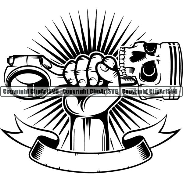 Mechanic Repair Shop Garage Piston Skull Hand Sunburst Ribbon ClipArt SVG