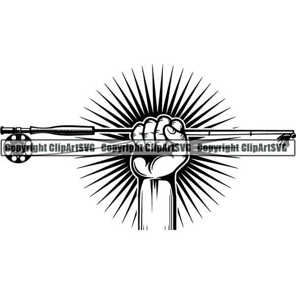 Sports Game Hunting Fishing Hunt Fish Fly Hand Sunburst ClipArt SVG