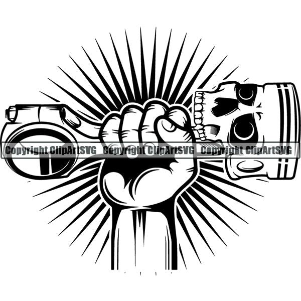Mechanic Repair Shop Garage Piston Skull Hand Sunburst ClipArt SVG