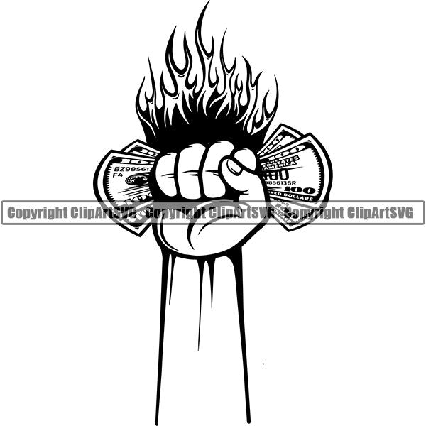 Hand Holding Money On Fire Flames White Background Design Element Business Finance Cash Payment Currency Dollar Investment Banking Bank Wealth Stack Concept Rich Advertising Art Logo Clipart SVG