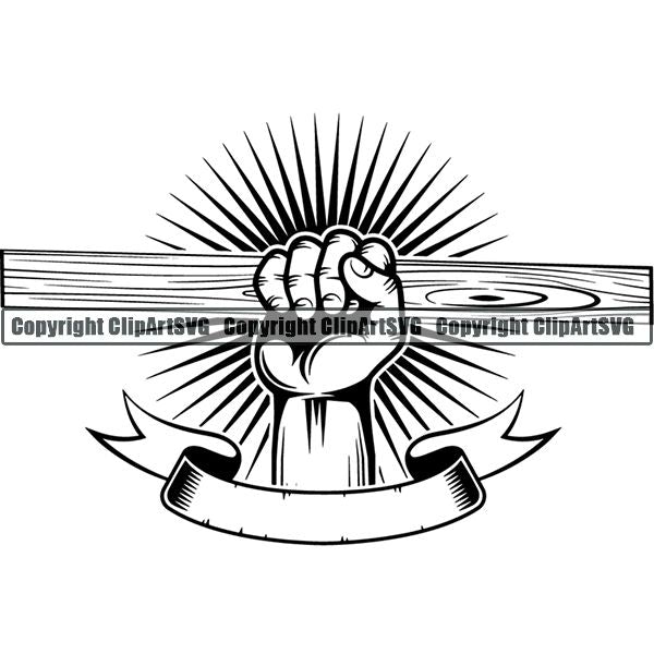 Construction Woodworking Carpenter Lumberjack Hand Sunburst Ribbon ClipArt SVG