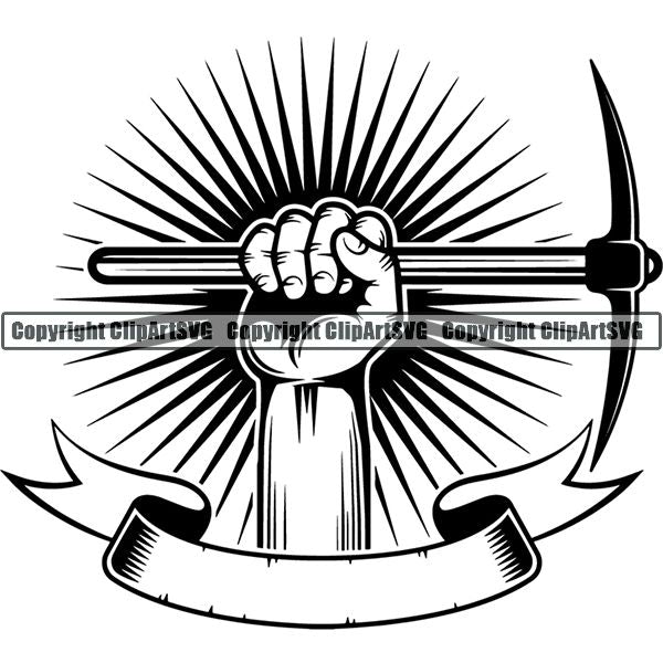 Mining Mine Miner Hand Sunburst Ribbon ClipArt SVG