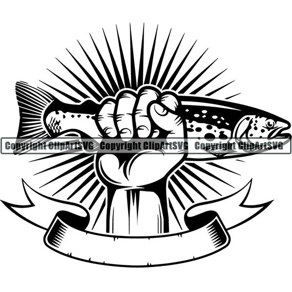 Sports Game Hunting Fishing Hunt Fish Trout Hand Sunburst Ribbon ClipArt SVG