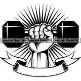 Gym Sports Bodybuilding Fitness Muscle Hand Sunburst Ribbon ClipArt SVG