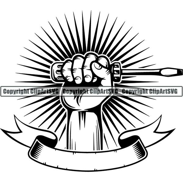 Mechanic Repair Shop Garage Screwdriver Hand Sunburst Ribbon ClipArt SVG