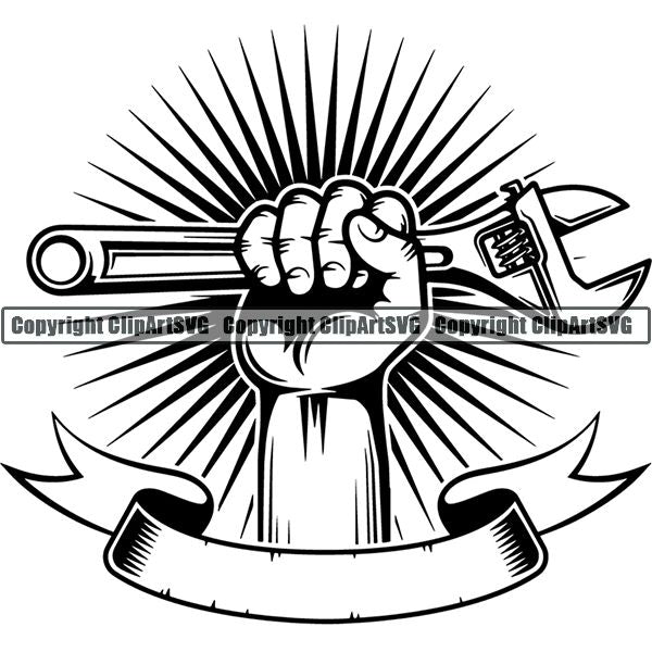 Mechanic Repair Shop Garage Wrench Hand Sunburst ClipArt SVG