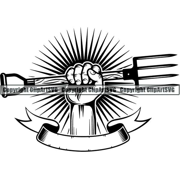 Farming Farmer Farm Organic Hand Sunburst Ribbon ClipArt SVG