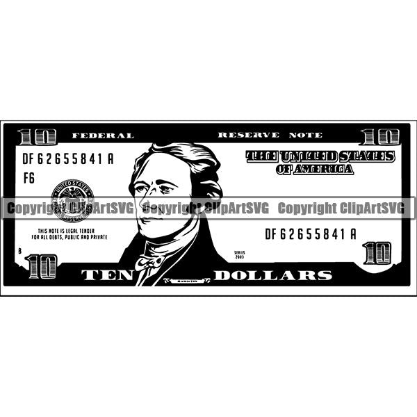 Money Cash 10 Ten Dollar Bill Alexander Hamilton Bank Currency Banking Coin Collecting Dollar Sign Design Stack Bank Finance Rich Wealthy Knot Roll Spread 100 Dollar Bill Currency Advertise Marketing Clipart SVG