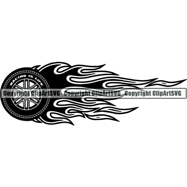 Sports Car Racing Tire Flame ClipArt SVG