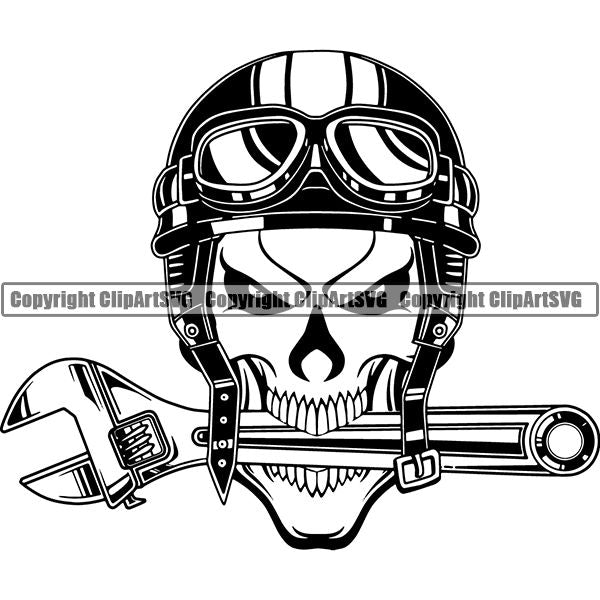 Mechanic Repair Shop Garage Motorcycle Helmet Googles Wrench Skull ClipArt SVG