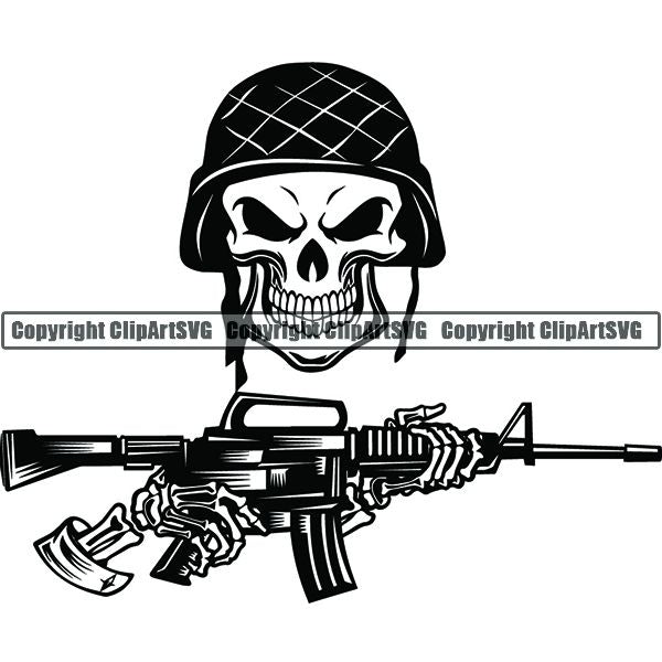 Military Weapon Soldier Helmet Skull Hands Machine Gun ClipArt SVG