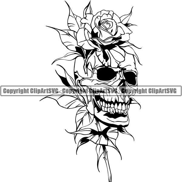 Skull Skeleton Flower Tattoo Tat ClipArt SVG