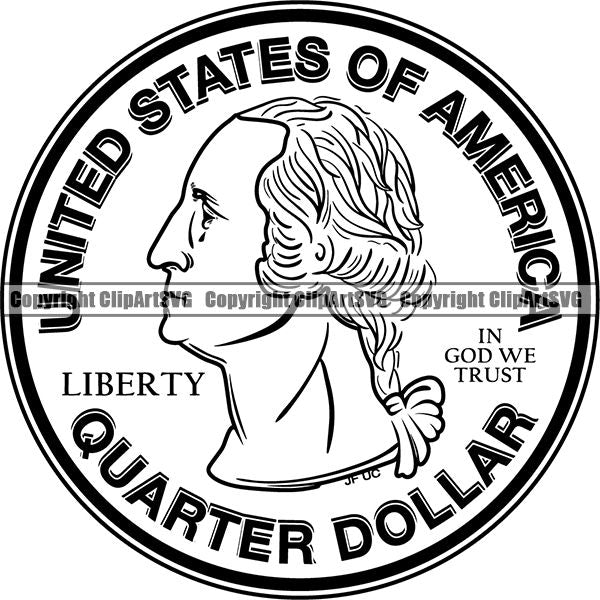 Coin Collecting Quarter 25 Cent Piece George Washington Color Design Element Cash Stack Knot Roll Rubber band Bundle Brick Spread Business Bank Finance Rich Wealthy Wealth Advertising Vector Clipart SVG
