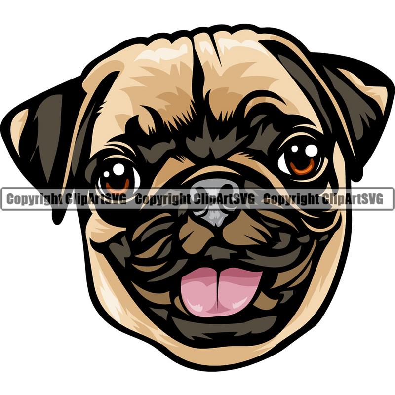 Pug Dog Breed Head Color ClipArt SVG