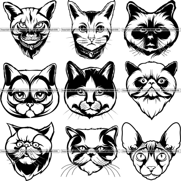 9 Cat Breed Top Selling Designs Cartoon Head Face BUNDLE ClipArt SVG