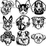 9 Dog Breed Top Selling Designs Cartoon Head Face BUNDLE ClipArt SVG