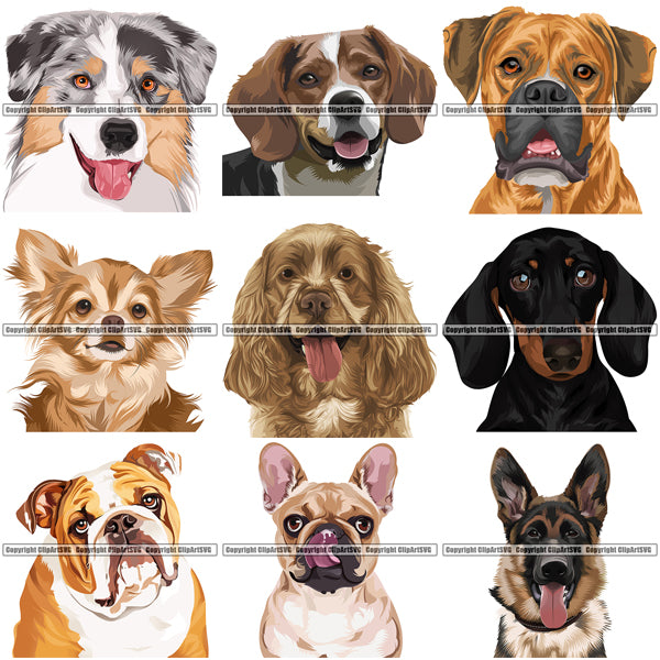 27 Dog Breed Head Face Top Selling Color Designs SUPER BUNDLE ClipArt SVG