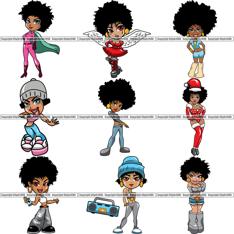 9 Black Women Big Eyes African American Afro Nubian Queen BUNDLE ClipArt SVG