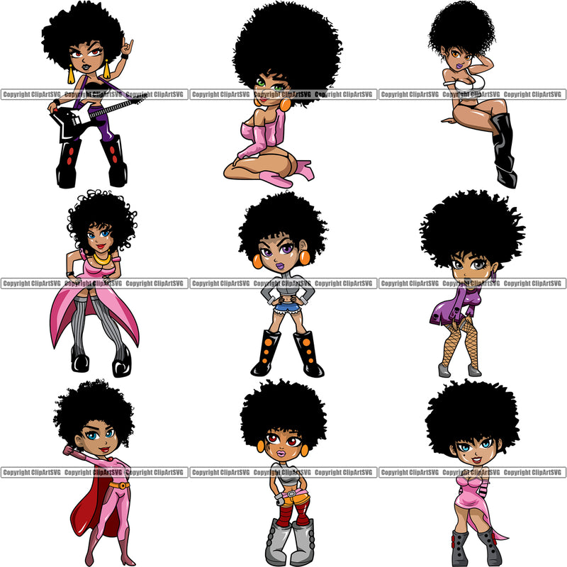9 Black Women Big Eyes African American Afro Nubian Queen BUNDLE ClipArt SVG