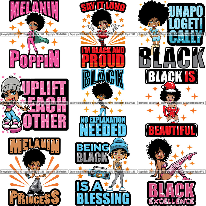 9 Black Women Big Eyes Quote African American Afro Nubian Queen BUNDLE ClipArt SVG