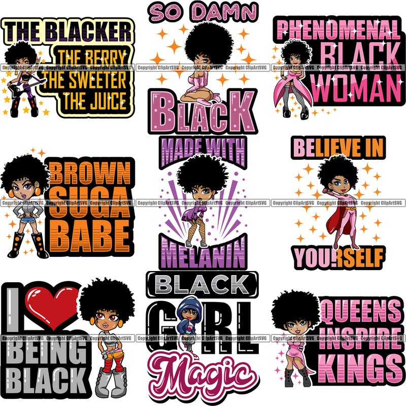 9 Black Women Big Eyes Quote African American Afro Nubian Queen BUNDLE ClipArt SVG