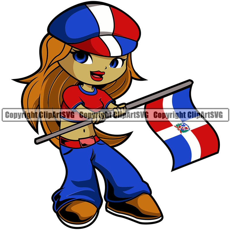 Country Map Nation National Cute Little Girl Brown Hair Color Design Element Flag Emblem Badge Dominican Republic Latin Latino Latina Spanish Caribbean Island Global Official Sign Logo Clipart SVG