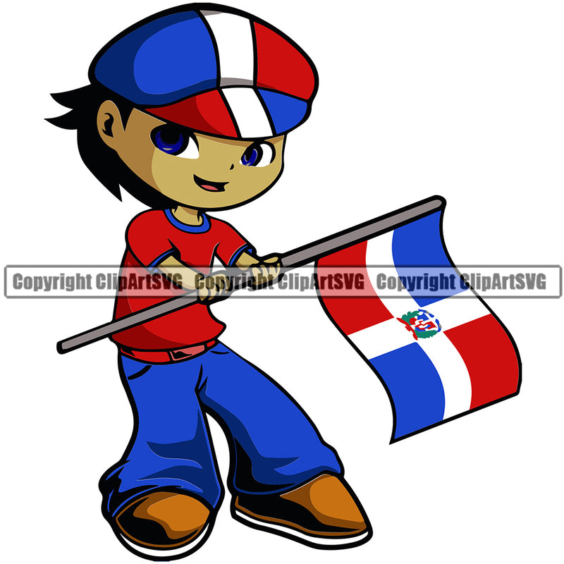 Country Map Nation National Cute Little Boy Black Hair With Hand Flag Color Design Element Emblem Badge Dominican Republic Latin Latino Latina Spanish Icon Global Official Sign Logo Clipart SVG