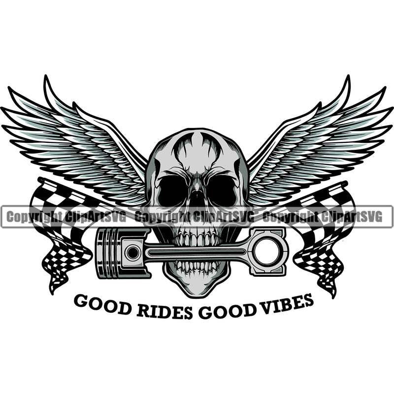Skull Skeleton Head Piston On Mouth Wings Logo Design Element Mechanic Engine Auto Repair Automotive Service Car Truck Motorcycle Technician Garage Shop Maintenance Company Business Logo Clipart SVG