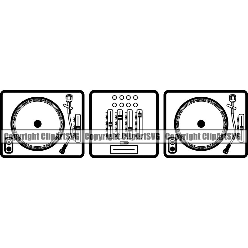 DJ Music Disc Dee Jay Party Disco Record Mixer Player White Background Sound Audio Night Club Dance Entertainment Nightlife Turntable Disc Jockey Spin Vinyl Record Spinning Equipment Clipart SVG