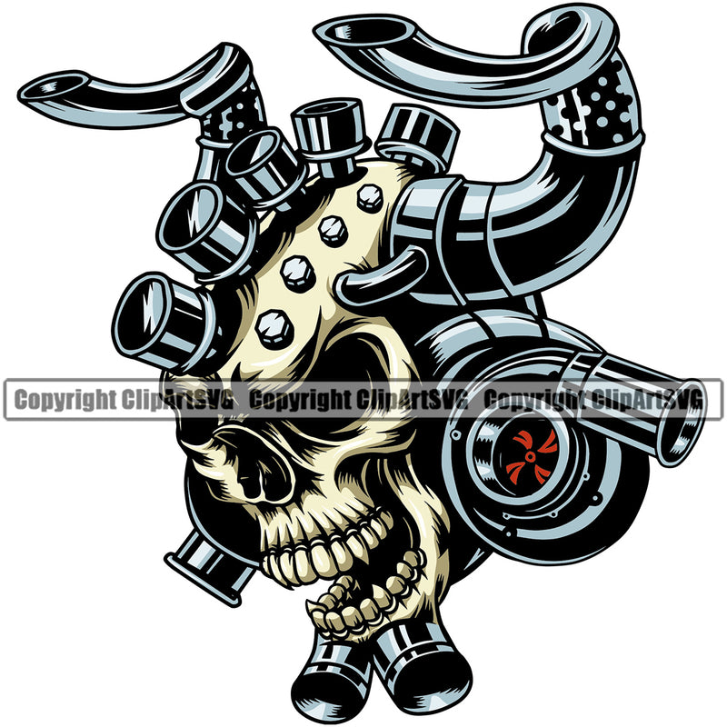 Chrome Skull Turbo Charger Engine Piston Color Vector Design Element Mechanic Engine Auto Repair Automotive Service Car Truck Motorcycle Technician Garage Shop Vehicle Maintenance Company Business Logo Clipart SVG