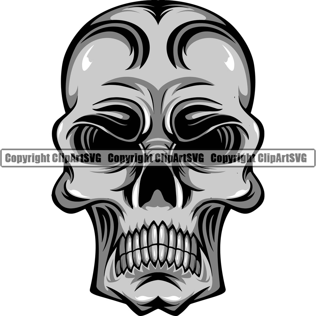 Scary Skull Head Evil Teeth Art Gothic Element Graphic Skeleton Tattoo Tat ClipArt SVG Design Element Grey Logo Clipart SVG