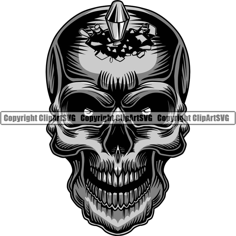 Skull Gun Bullet Shot Breaking Through Head Teeth Cartoon Symbol Old Smoke Graphic Icon Danger Death Black ClipArt SVG