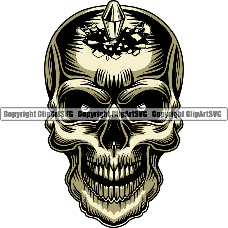 Skull Gun Bullet Shot Breaking Through Head Teeth Cartoon Front Gothic Symbol Decoration Horror Graphic Tattoo Danger Death Black ClipArt SVG
