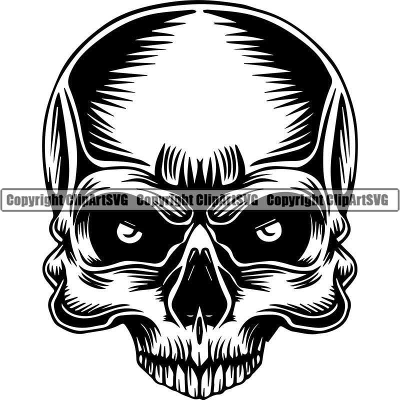 Skull Without Jaw Bone Head Round Eyes Evil Death Skeleton Scary Circle Eyeballs Horror Grunge Gothic Head Tattoo Spooky Halloween Logo Clipart SVG