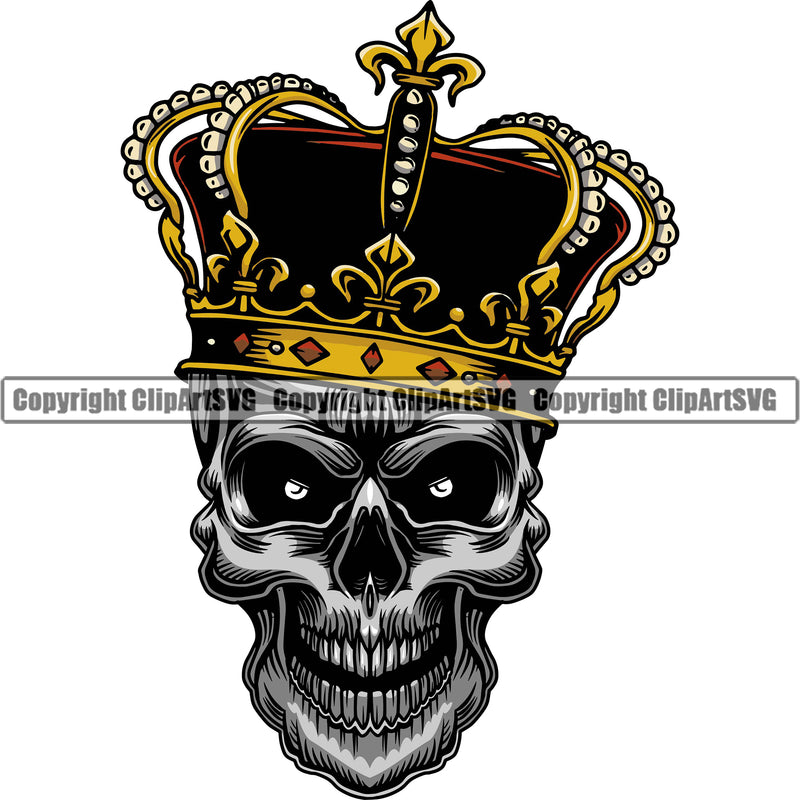 Scary Skull Dead Head Wearing King Crown Royalty Devil Vintage Design Element Grey Logo Clipart SVG