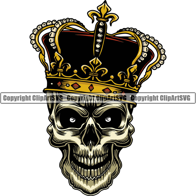 Scary Skull Dead Head Wearing King Crown Royalty Devil Vintage Design Element Yellow Logo Clipart SVG