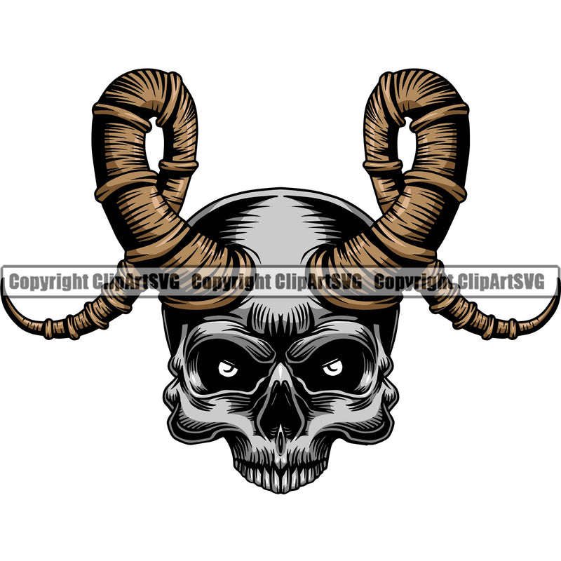 Scary Skull Horns Dead Head Evil Kill Killer Tattoo Skeleton Bone Horror Satan Devil Vintage Design Element Logo Clipart SVG
