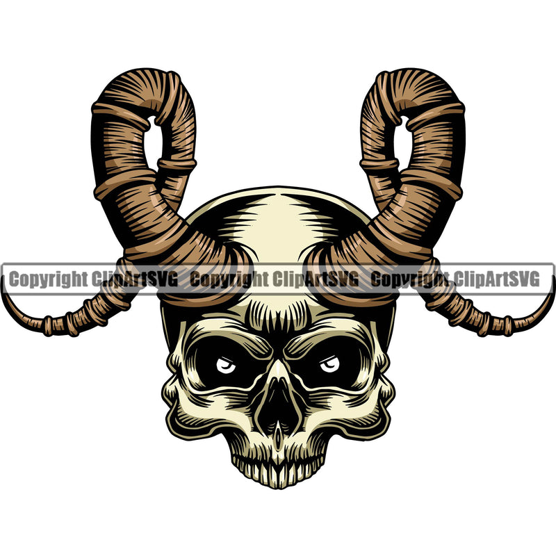 Scary Skull Horns Dead Head Evil Kill Killer Tattoo Skeleton Bone Horror Satan Devil Vintage Design Element Yellow Logo Clipart SVG