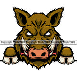 Boar Wild Hog Peeking Peek-A-Boo Pig Razorback Color Animal Angry Cartoon College Team Sport Mascot Design Logo Clipart SVG