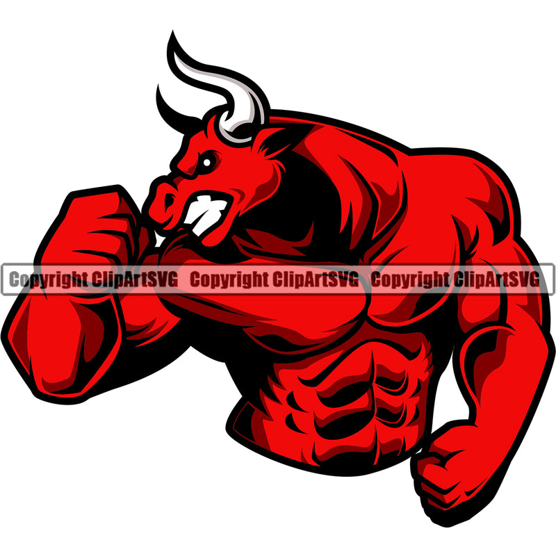 Animal Red Color Bull Strong Body Muscles Vector Mascot Design Steer Cattle Cowboy Logo Clipart SVG