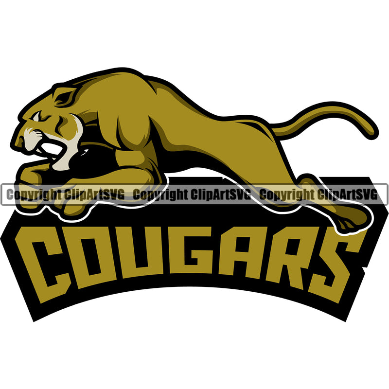 Jumping Cougar Wildlife Animal With Text Sports Team Mascot Color Logo ClipArt SVG