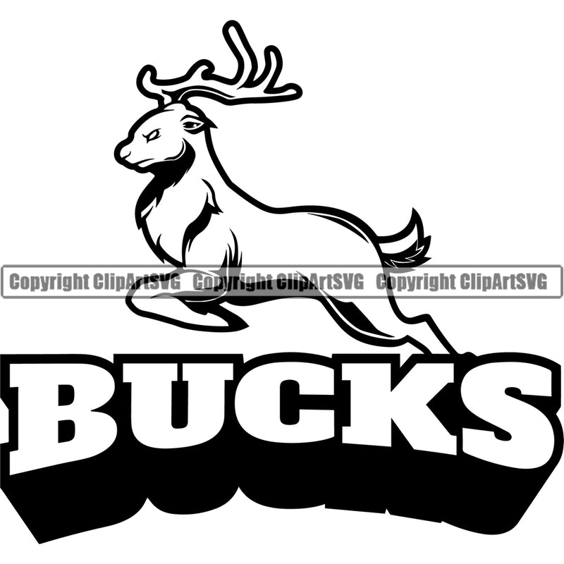 Full Size Animal Black Running Deer Buck Sports Team Mascot with text Clipart SVG