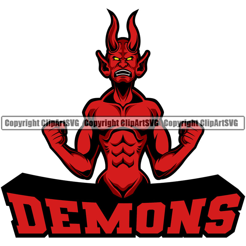 Animal Red Demon Devil With Text Mascot Satan Devil Demon Logo Vector Clipart SVG