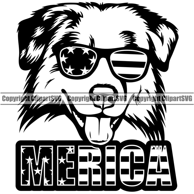 Wearing Sunglasses Merica Australian Shepherd Dog Animal Portrait Doggy Face Cute Clipart SVG