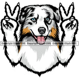 Australian Shepherd Dog Color Peace Hand Sign Animal Portrait Doggy Face Cute Pup Pedigree Breed Clipart SVG