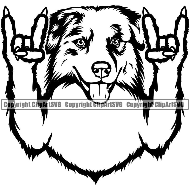 Australian Shepherd Dog Rock And Roll Hand Sign Doggy Face Cute Pup Pedigree Breed Dog Animal Clipart SVG