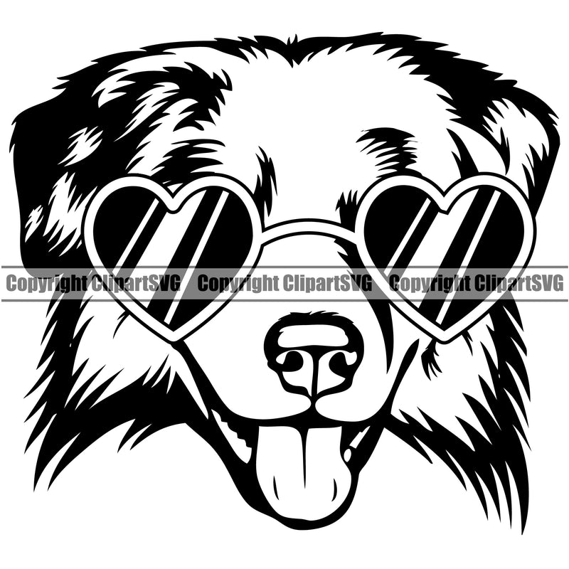 Australian Shepherd Dog Wearing Sun Heart Sunglasses Animal Portrait Doggy Face Cute Pup Breed Clipart SVG